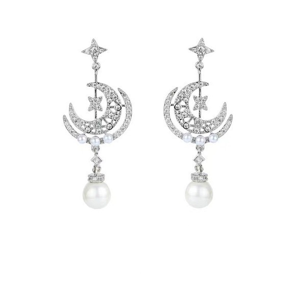 - - 18K GP stimulated diamondMoon & star dangle earrings